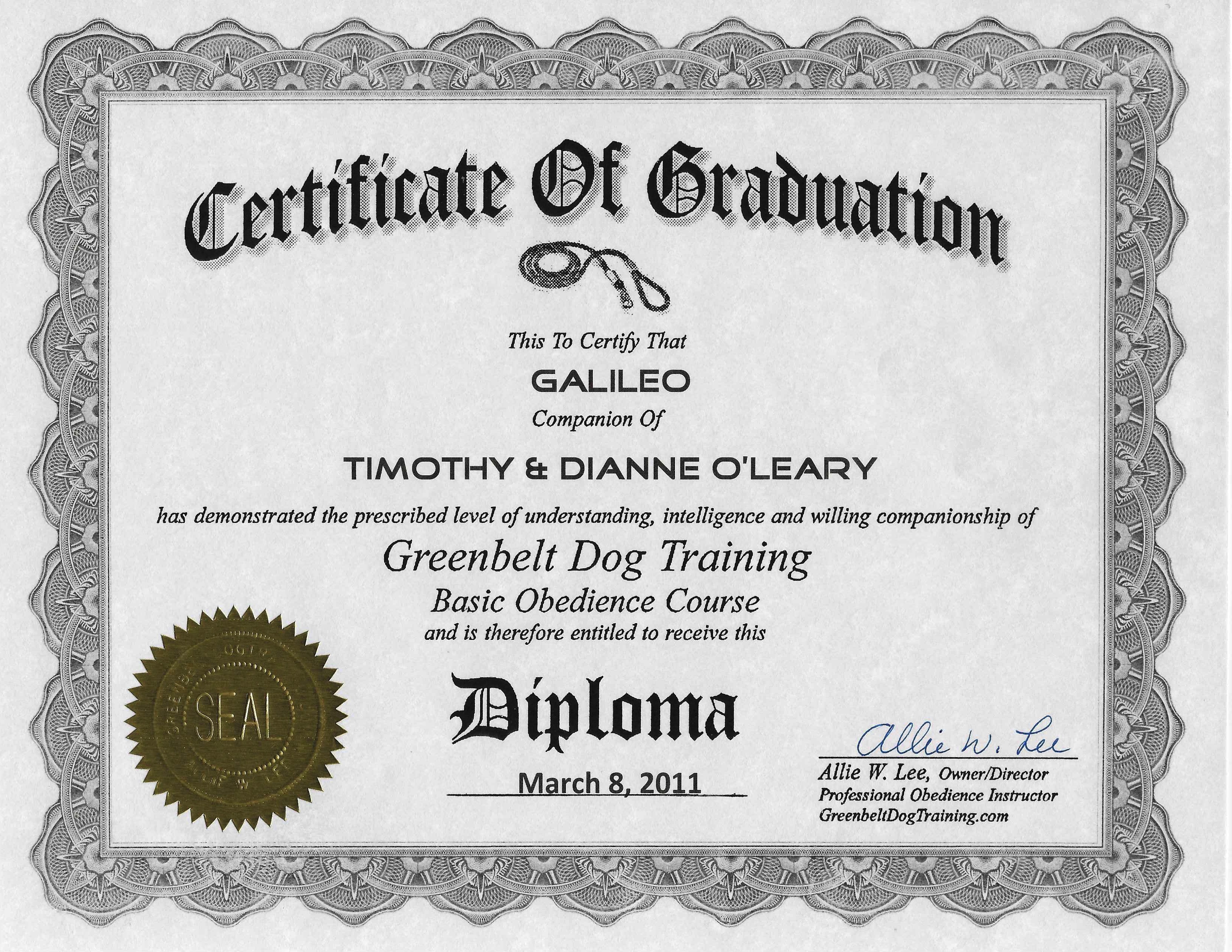 Graduation Certificate from Obedience School